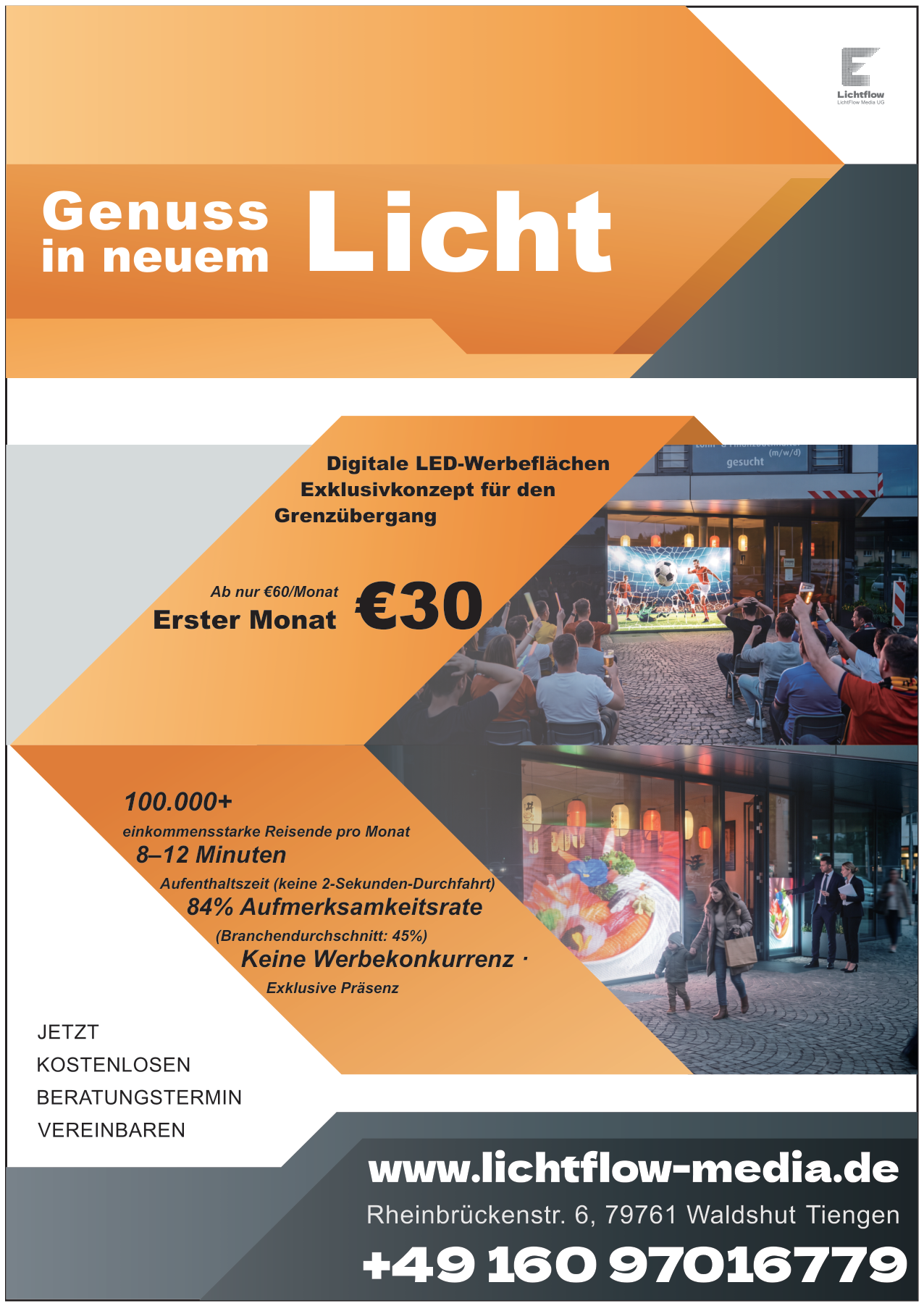 LichtFlow Werbeflyer Vorderseite — Genuss in neuem Licht