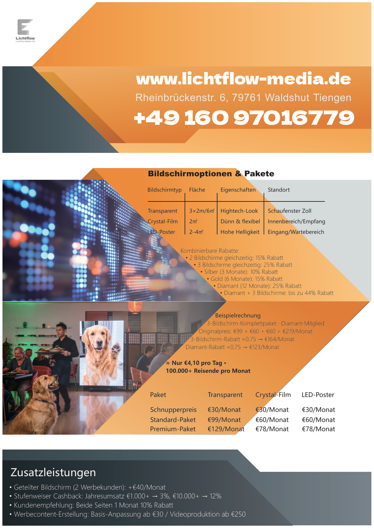LichtFlow Werbeflyer Rückseite — Bildschirmoptionen & Pakete